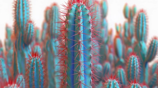 Close-up of a dense cluster of vibrant blue-green cacti with sharp red spines.