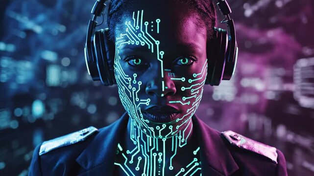 Futuristic Cyberpunk Woman with Glowing Circuit Board Patterns Wearing Headphones for Sci-Fi Concepts and Technology Marketing.