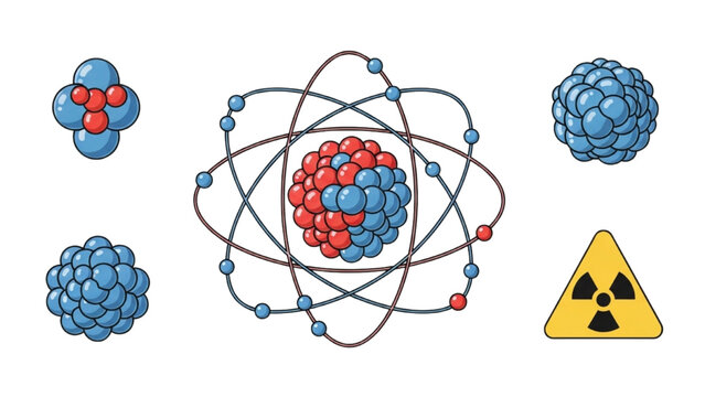 Nuclear Science and Atom Vector Icon Sheet, Atomic Physics Symbols, Proton Neutron Nucleus Bohr Model, Radiation Sign, Minimalist Line Art Icon Set