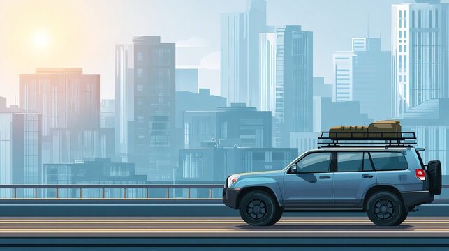 Adventure Road Trip Urban Landscape Digital Illustration Modern City Side View Journey Concept with SUV and Baggage