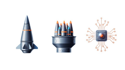 Obraz premium Nuclear Missile and Delivery Systems Vector Icon Sheet, ICBM Silo, Submarine Missile Launch, Stealth Bomber Aircraft, Military Line Art Icon Set