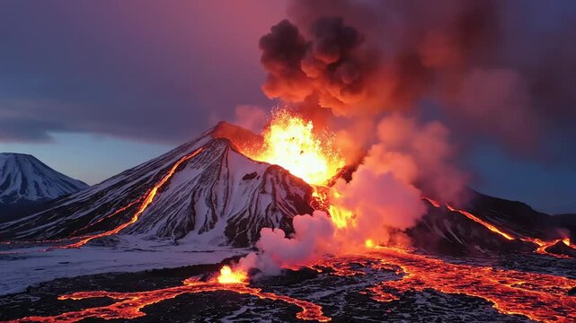 Dramatic Volcanic Eruption with Glowing Lava Flowing Over Snow-Covered Mountain Peaks at Dusk Ideal for Cinematic Nature Documentaries and Environmental Storytelling.