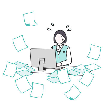 書類整理に追われる医療事務スタッフ（カルテ整理・業務負担）のイラスト
