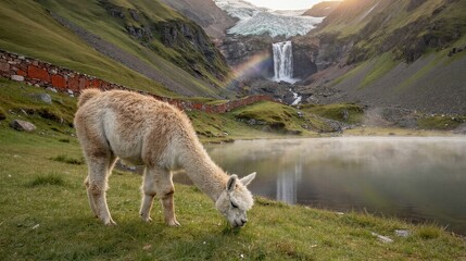 Fototapeta premium A serene llama grazes on grassy terrain near a mountainous waterfall and rainbow in a snow-capped landscape.