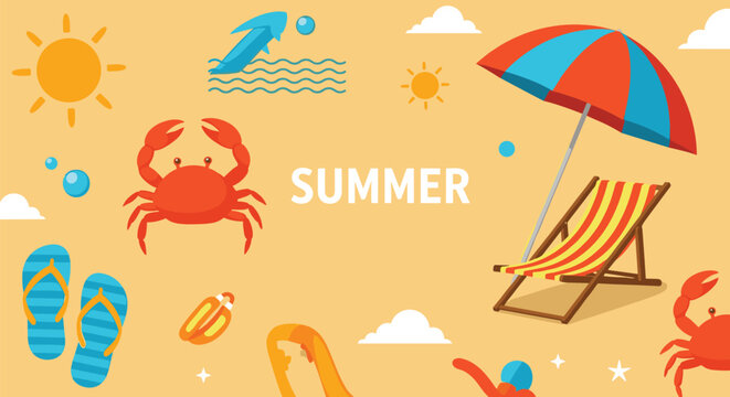 Fun summer beach theme illustration with an umbrella lounge chair crab flip flops and a dolphin jumping in the blue ocean waves.