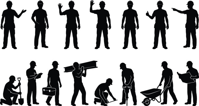 Black silhouette collection of construction workers in various poses including waving pointing holding tools and using wheelbarrow for industrial building site