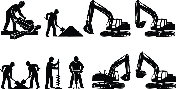 Black silhouette collection of construction workers using excavators and digging tools with jackhammers and circular saws for building site development industrial