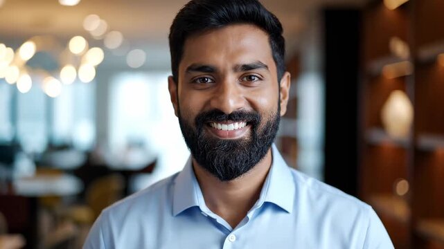 Confident Professional Man Smiling with a Beard in a Modern Office Setting for Corporate Leadership and Business Success Concepts.