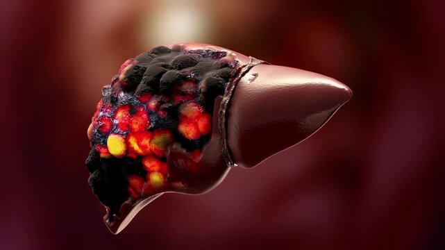 Fatty liver disease and liver cancer concepts illustrate anatomy of damaged human liver or abnormal tissue or lumps of fat. for medical education. Animation, 3D render.