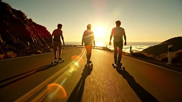 Cinematic group of friends longboarding silhouetted against a golden sunset on a winding mountain road, perfect for travel vlogs and youth lifestyle content.
