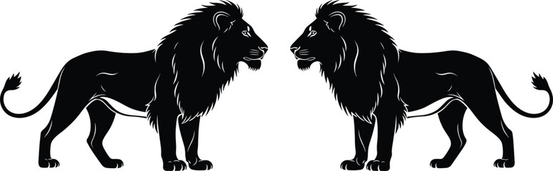 Black and white vector illustration of two symmetrical lion silhouettes facing each other, detailed mane and muscular body, artistic mirrored animal design © Ajija