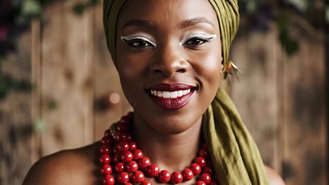 Stunning African Woman with Traditional Headwrap and Red Beads for Beauty and Fashion Campaigns.