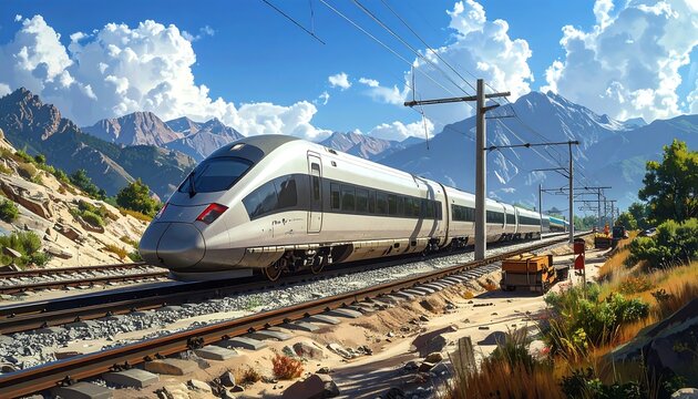 A sleek silver bullet train speeds along tracks