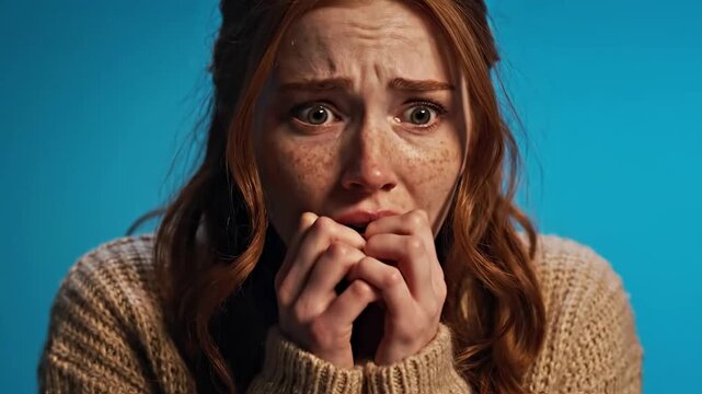 Terrified Young Woman with red hair and freckles biting her hands against a blue background ideal for horror movie reactions or mental health awareness content.