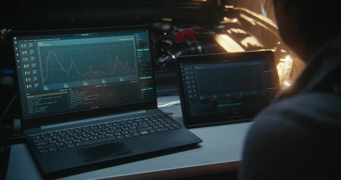 Close Up of High Tech Car Diagnostic Featuring Laptop and Tablet Connected to Vehicle ECU. Detailed Interface of Diagnostic Software. Concept of Digital Transformation of Automotive Repair Industry.