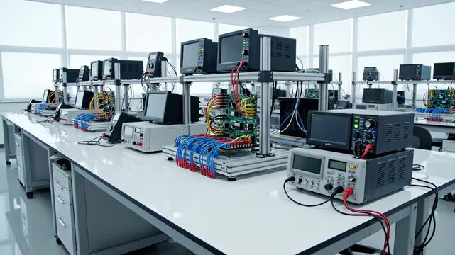 An empty modern electronics laboratory with testing equipment. Workstations for research and development in a high-tech facility. Science and engineering concept