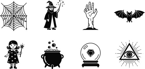 Halloween magic icons set, witch, spider web, bat, zombie hand, cauldron, crystal ball, occult symbols, spooky vector illustration collection © mafuja