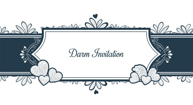 Dark blue and white elegant invitation frame decorated with hand-drawn heart shapes and floral ornaments for weddings and special events.