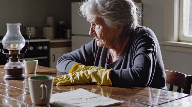 Sad elderly woman wearing yellow cleaning gloves sitting at a kitchen table. Tired senior lady resting after household chores