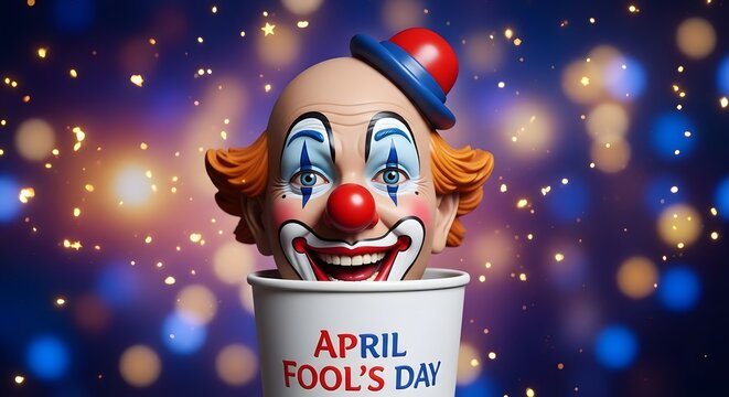 April fool's day prankster clown in a mug on a colorful background