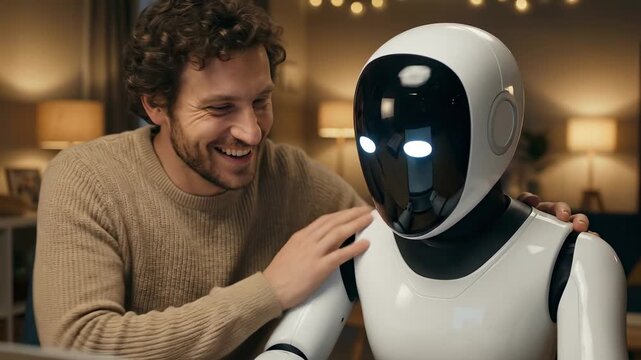 Man interacting with a humanoid robot at a laptop. Human and artificial intelligence collaboration. Futuristic technology and friendship concept