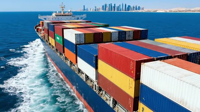 Large container ship sailing on the ocean near a city skyline. Global trade and maritime logistics concept. Cargo vessel transporting goods across the sea