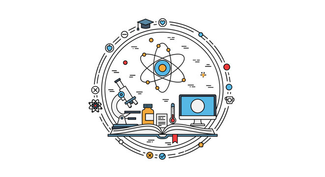 Science and chemistry icons arranged in a circle including an atom and microscope above an open book on a clean white background for study.