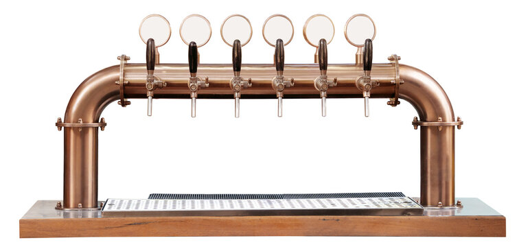 Six-way craft beer tap. Copper rotary beer tap. Draft beer dispensing system for bar counter isolated. Png transparency