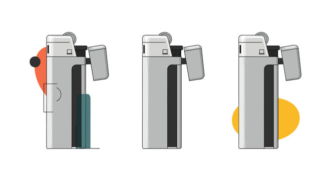 Three silver pocket lighters arranged in a row with abstract colorful shapes behind them on a white background for smoking accessories.