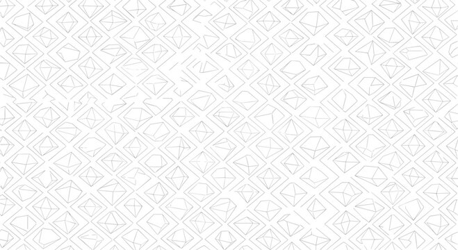 Detailed geometric pattern of white wireframe diamond shapes and polygons arranged in a repeating grid on a clean white background.
