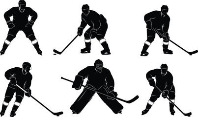 Ice hockey player silhouette set featuring skating, shooting and goalie poses with stick and puck for sports and competition design © Asik
