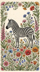 Obraz premium Decorative Folk Art Zebra Illustration with Colorful Wildflowers and Ornamental Botanical Patterns