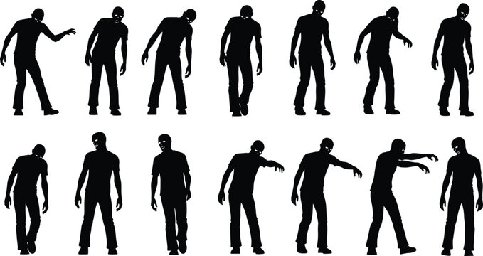 Zombie walking silhouette set featuring creepy undead poses, horror characters and spooky movement for Halloween, apocalypse and scary theme design