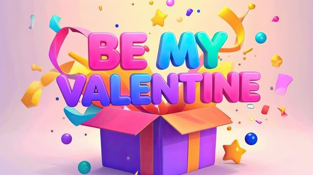 3D animated gift box bursting with Be My Valentine text and colorful confetti