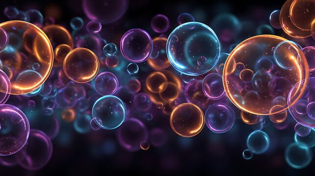 Vibrant neon bubbles float in dark space creating mesmerizing colorful ambiance and playful atmosphere with glowing orbs