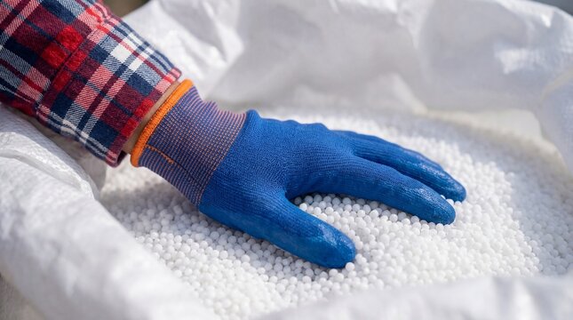 Hand in blue glove touching white styrofoam beads in bag