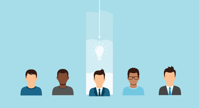 Diverse group of male avatars stands together where one individual is highlighted with a glowing lightbulb representing a new creative idea.