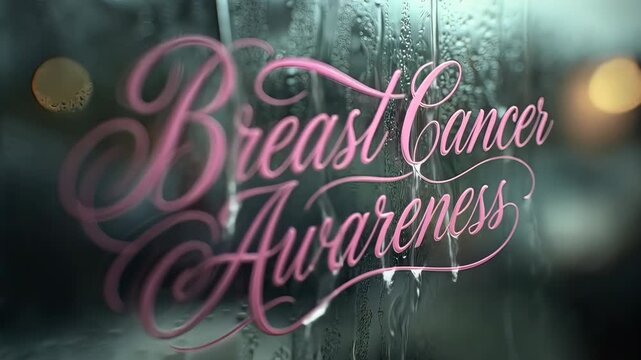 Pink Breast Cancer Awareness text on a rainy window with water droplets