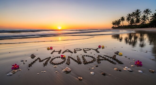 Romantic proposal message in the sand at tropical beach sunset with heart decorations