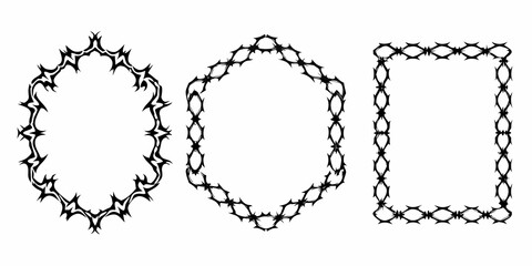 Fototapeta premium Three black frames shaped like ovals and rectangles with barbed wire