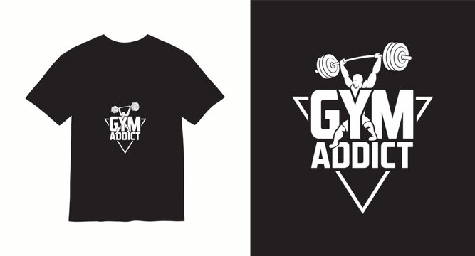 Gym addict t-shirt design featuring weightlifter silhouette and triangle badge