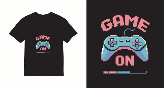 Game on t shirt design with pixel art controller and loading bar, gaming apparel vector illustration