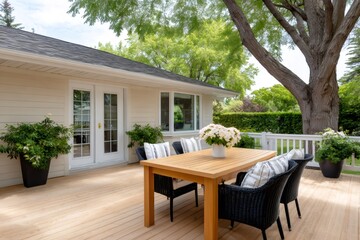 Fototapeta premium Backyard wooden deck with outdoor dining furniture