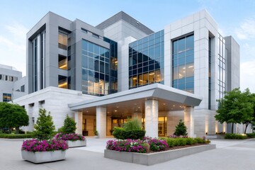 Fototapeta premium Modern corporate office building with glass facade at dusk