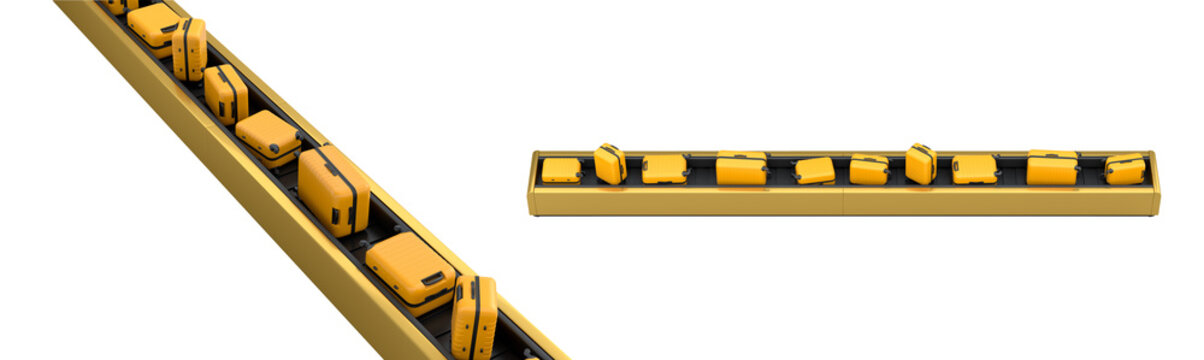 Set of Airport luggage conveyor belt or baggage claim area with suitcases on white.