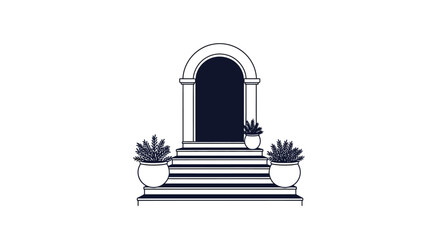 Fototapeta premium Elegant arched doorway with potted plants and stone steps depicted in blue
