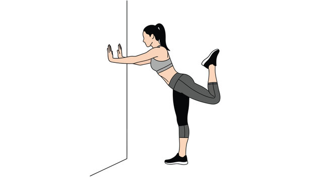 Woman performing a hamstring stretch against a white wall