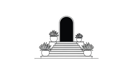 Fototapeta premium Simple line drawing of a doorway with steps and potted plants