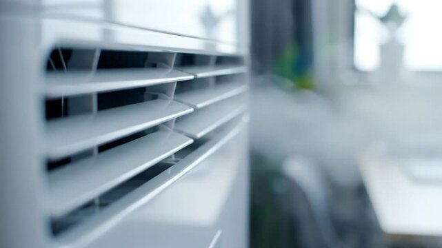 Close up of a white air conditioner unit with air flow in an interior space during operation