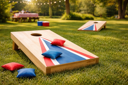 Red and white cornhole toss game with beanbags
